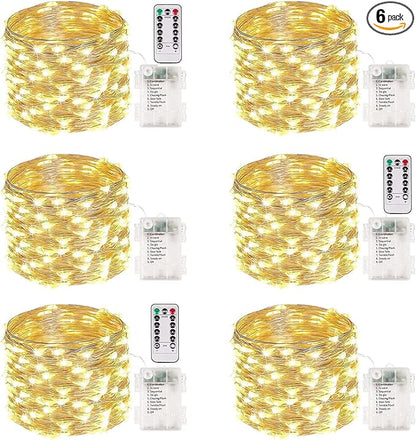 6 Pack 100 LED Fairy Lights Battery Operated with Remote, 33FT Waterproof Twinkle Lights with Timer & 8 Modes, Fairy String Light Outdoor Indoor for Bedroom Classroom DIY Christmas Decor (Warm White)