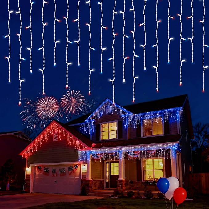 LED Christmas Lights, 100 LED Icicle Lights on 7FT with 4 Inch Spacing - 5MM Wide Angle Red & White & Blue Bulbs, IP68 Waterproof & ETL Certified for Outdoor/Indoor