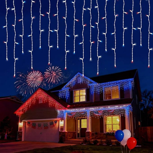 LED Christmas Lights, 100 LED Icicle Lights on 7FT with 4 Inch Spacing - 5MM Wide Angle Red & White & Blue Bulbs, IP68 Waterproof & ETL Certified for Outdoor/Indoor