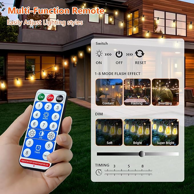 60FT Solar String Lights, Weatherproof Solar Powered Patio Lights, 3 Light Modes with Remote & USB Port, 15 LED Shatterproof Bulbs, Dimmable, Timer for Camping Backyard Cafe,Black