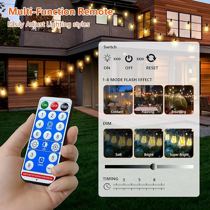 60FT Solar String Lights, Weatherproof Solar Powered Patio Lights, 3 Light Modes with Remote & USB Port, 15 LED Shatterproof Bulbs, Dimmable, Timer for Camping Backyard Cafe,Black