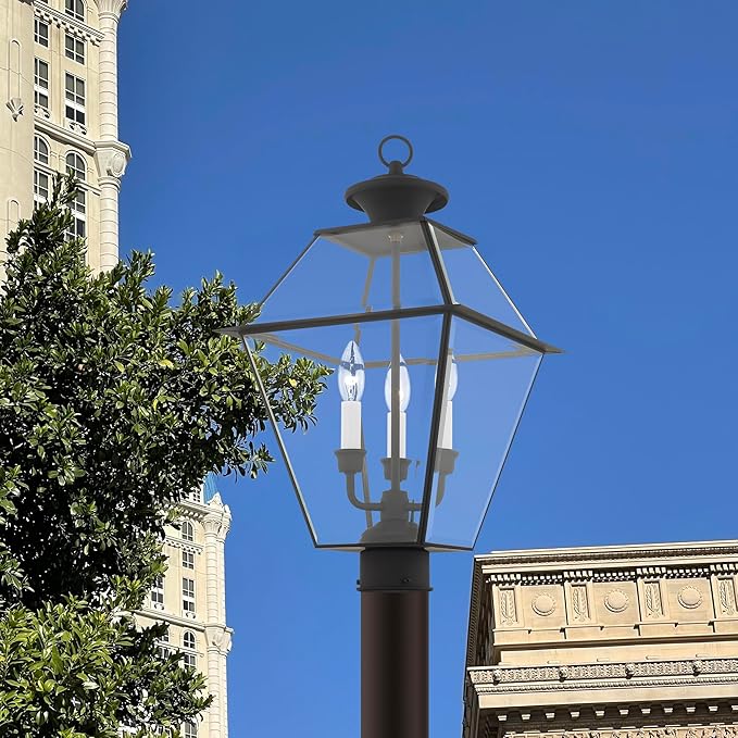 Livex Lighting 2384-04 Westover 3 Light Outdoor Black Finish Solid Brass Wall Lantern with Clear Beveled Glass, 22" x 12" x 22"