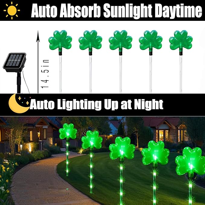 5 Pack St. Patrick's Day Solar Pathway Lights Outdoor - Green LED Shamrock Landscape Stake Lights, Waterproof Solar Powered Plug-in Lawn & Garden Decor for Yard, Walkway, Irish Party Decorations