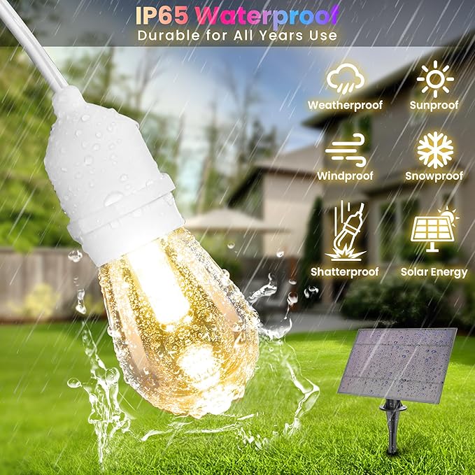 100FT(2x50FT) RGB Solar Outdoor String Lights with Remote, Dimmable Waterproof Patio Lights with 30 Bulbs for Porch | Lumora
