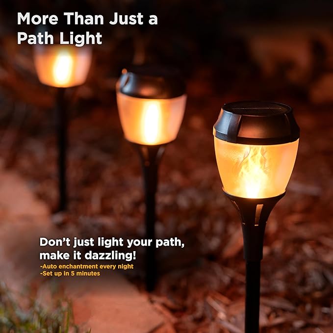 FoxFlame Solar Path Lights Outdoor WaterProof-Realistic Flickering LED Flame,IP65 Pathway Lights Solar Powered Warm Light for Garden and Walkways,Ground Stake Included for Easy Setup(2 Pack)
