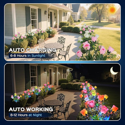 2 Pack Solar Garden Lights Outdoor, LED Colorful Waterproof Solar Powered Rose Flowers Landscape Lights for Outside Yard, Patio, Pathway Decorative, Décor, Gifts, Two Lighting Modes