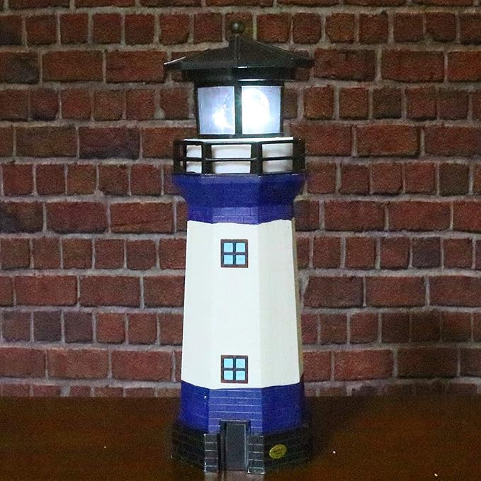 Solar Garden Lighthouse， White and Blue Lighthouse statutte with Rotating Lamp Outdoor Decorative LED Lights for Garden Patio Lawn