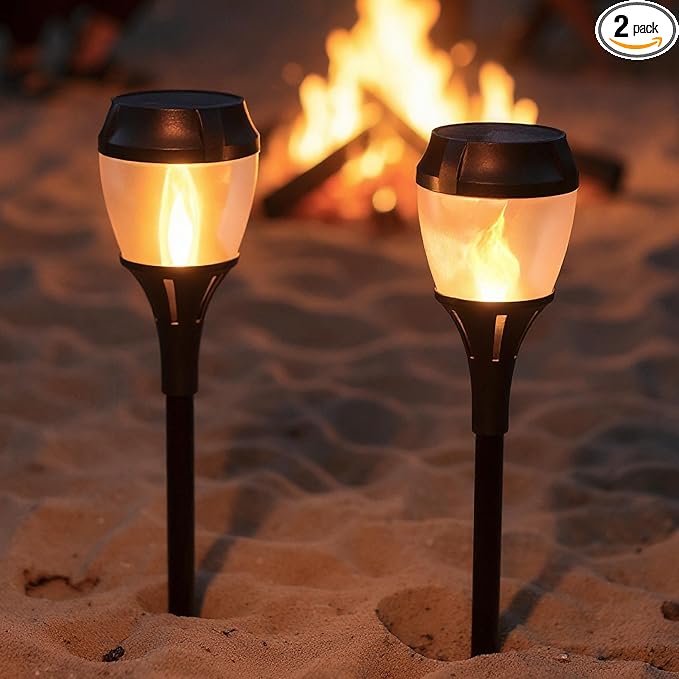 FoxFlame Solar Path Lights Outdoor WaterProof-Realistic Flickering LED Flame,IP65 Pathway Lights Solar Powered Warm Light for Garden and Walkways,Ground Stake Included for Easy Setup(2 Pack)