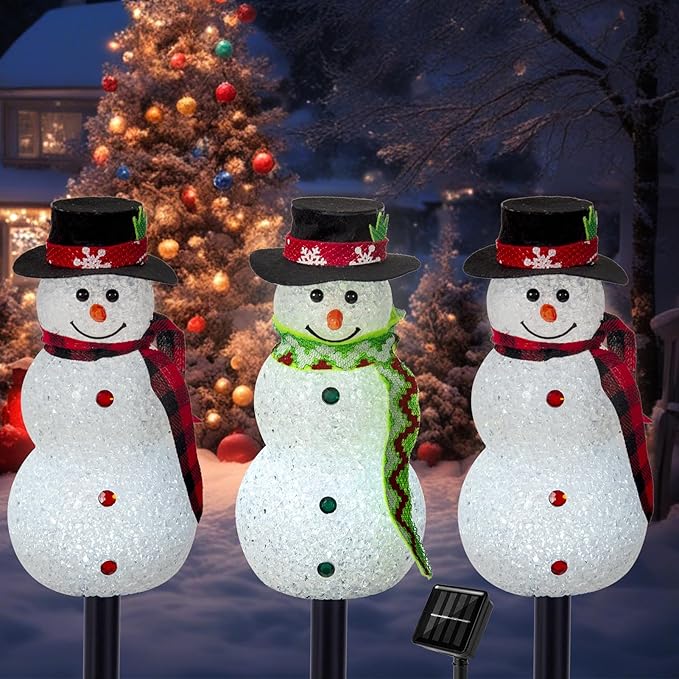 Christmas Pathway Lights Outdoor Decoations, Solar LED Snowman Stake Lights, Waterproof Walkway Landscape Light for Winter Yard, Garden Decor (Cool White, 3 Pack)