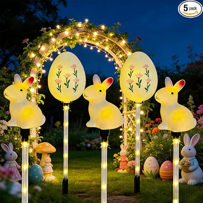 5-Pack Easter Solar Pathway Lights with Bunny & Egg Designs – Waterproof Outdoor Garden Stake Lights, Steady & Flashing Modes for Yard Decorations