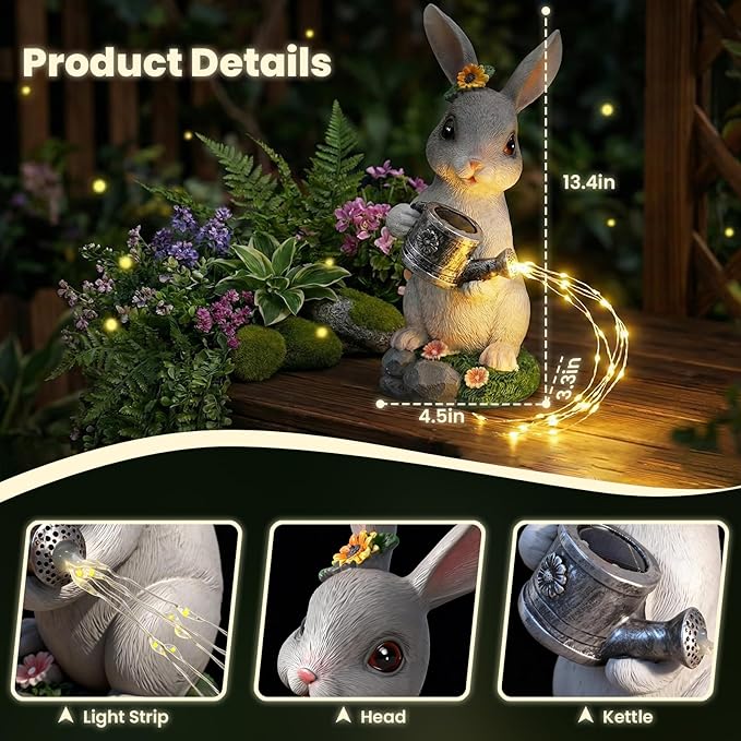 Solar Rabbit Garden Statues Outdoor Decor, Resin Rabbit Figurine Decorations with Solar Light, Whimsical Bunny Sculpture for Patio, Balcony, Yard, Lawn Ornament, Perfect Garden Gift