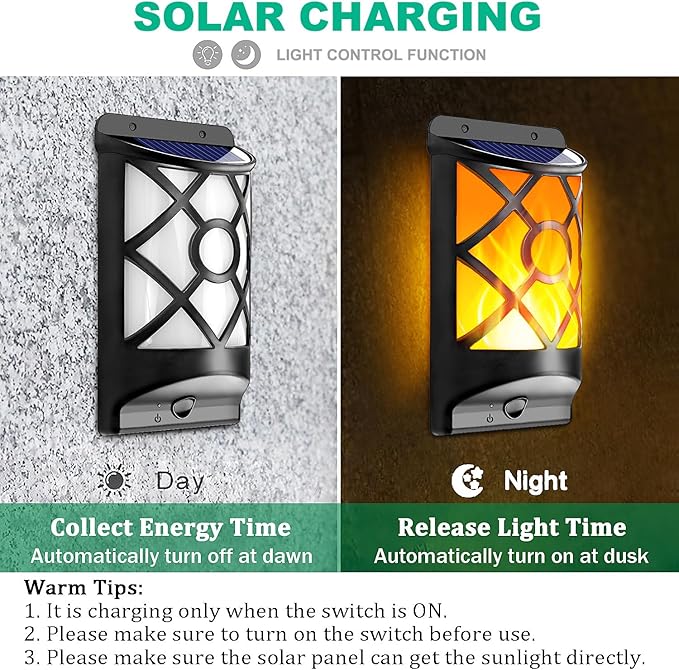 6 Pack Solar Flame Lights Outdoor - Realistic 3D Flickering Flames Wall Lantern with 66 Ultra-Bright LEDs - Waterproof Auto On/Off Fire Effect Garden Decor Lighting for Fence, Patio