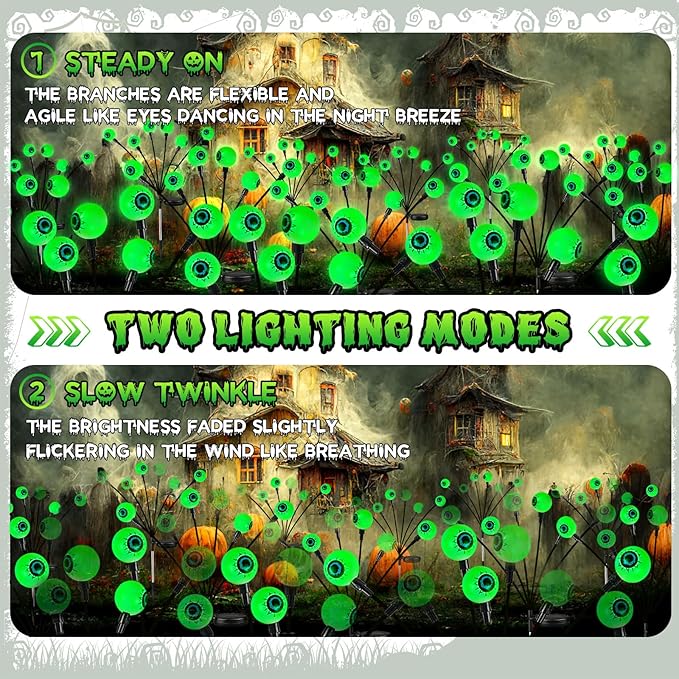 4 Pack Solar Eyeball Lights for Halloween Decorations Outdoor, 24 LED Green Eyeball Solar Halloween Lights, Waterproof Swaying Firefly Lights with 2 Modes for Pathway Patio Yard Lawn Garden Decor