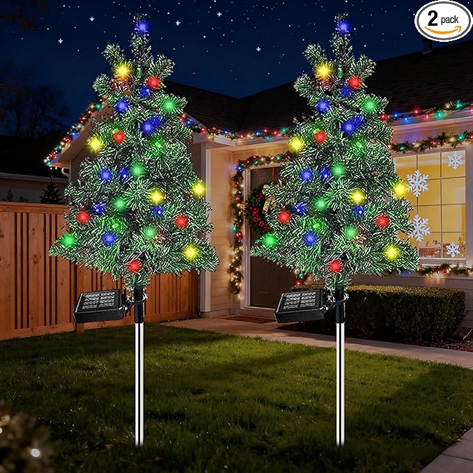 2 Pack Solar Christmas Tree Lights Outdoor - 22 Inch Solar Christmas Tree with 100 LED Multi-color C6 String Lights for Outside Decorations, Outdoor Decor Xmas Lighted Trees for Yard Pathway Cemetery