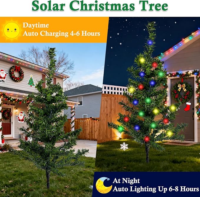 2 Pack Solar Christmas Tree Lights Outdoor - 22 Inch Solar Christmas Tree with 100 LED Multi-color C6 String Lights for Outside Decorations, Outdoor Decor Xmas Lighted Trees for Yard Pathway Cemetery