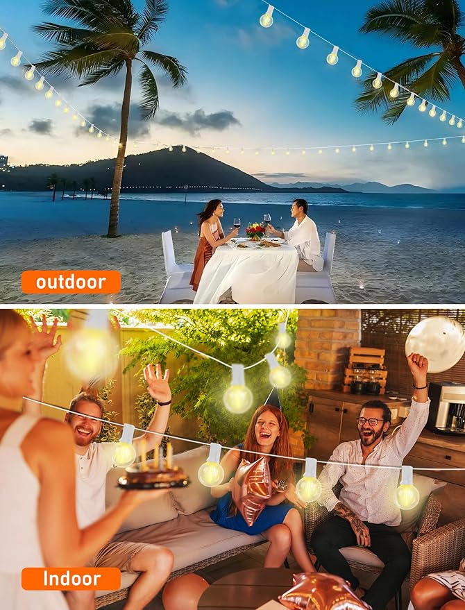 Outdoor LED String Lights 50ft - G40 Edison Bulbs with Clear Plastic Globes, Dimmable Waterproof Commercial Grade | Lumora