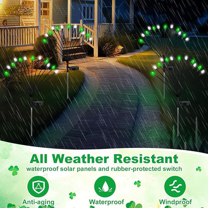 4 Pcs St Patricks Day Outdoor Decorations Solar Lights Waterproof Green 48 LED Swaying Pathway Firefly Stake Lights for Outside Yard Garden Lawn Decorations(Green White,Pine Cone)