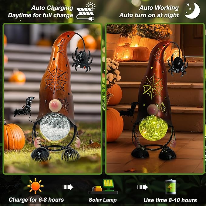 Halloween Decorations Outdoor Gnome Solar Lights, Color Changing LED Lights with Spider Web Hollowed-Out Hat | Lumora