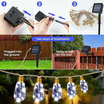 Solar String Lights for Outside, 24FT Vintage Rope Hemp Solar Outdoor String Lights with 20 Shatterproof Bulbs, Solar Powered Waterproof 8 Modes Patio Lights for Garden Fence Balcony Camping - White