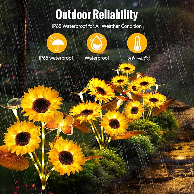Solar Sunflower Lights Outdoor Garden Decor, 2 Pack Sunflower Decor with 4 Butterfly, 800mA Solar Stake Lights | Lumora