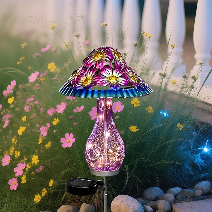 Solar Outdoor Lights, Hand-Blown Glass Mushroom Solar Lights Outdoor with Metal Ground Spikes, Decorative Solar Lights for Outdoor Garden Yard Lawn Porch Backyard Pathway, Gifts for Mom Women (Purple)