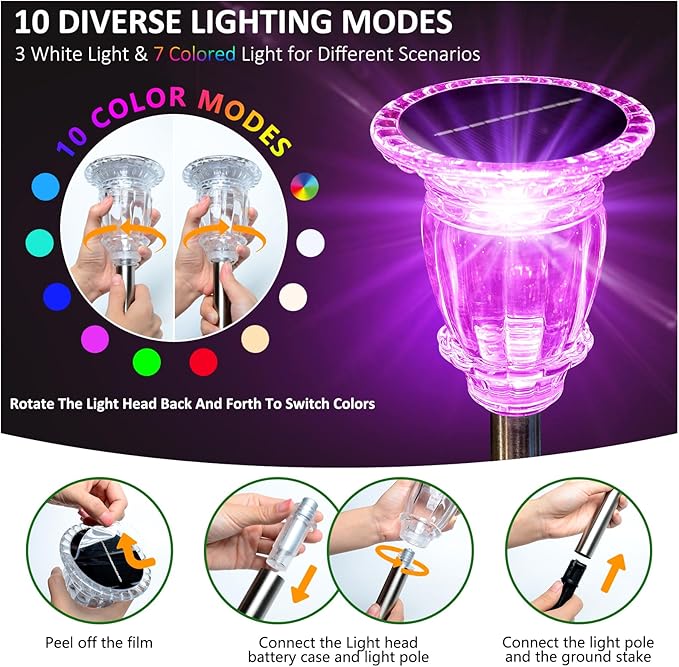 Solar Pathway Lights Outdoor 4 Pack, 10 Modes RGB Color Changing & White Solar Garden Lights, 17.5" IP65 Waterproof | Lumora