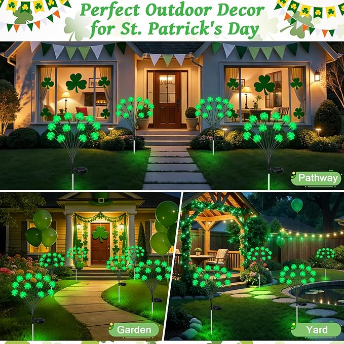 HELESIN St Patricks Day Decorations, 4 Pack St Patricks Day Outdoor Solar Lights with 2 Modes, Waterproof Shamrock | Lumora