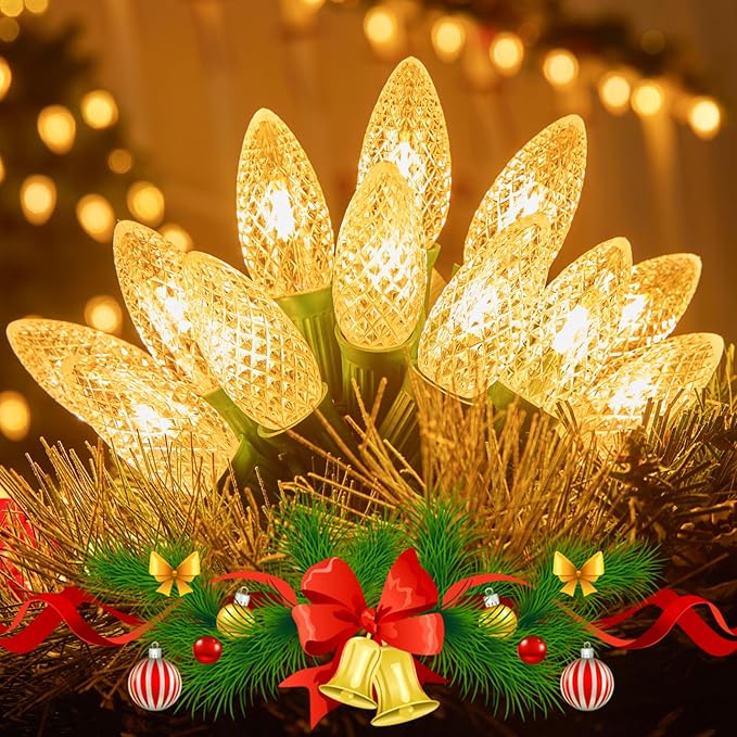 Brightown Outdoor Christmas Lights, 100 Ft C9 LED Commercial String Lights with Warm White Strawberry C9 Bulbs, Waterproof Connectable UL Certified C9 Lights for Indoor Home Yard Xmas Tree Decor