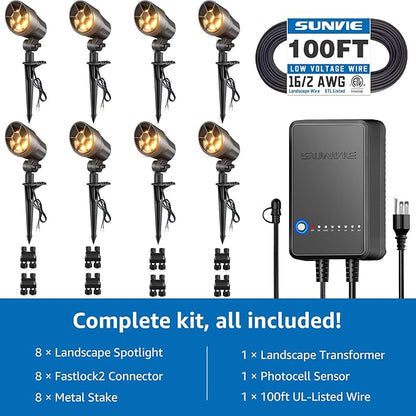 SUNVIE All-in-One Low Voltage Landscape Lighting Kit, 6W Landscape Lights Wired Aluminum 3000K with Transformer 100FT Wire, 12-24V Waterproof Outdoor Spotlight for Garden Yard House Tree, 8 Pack