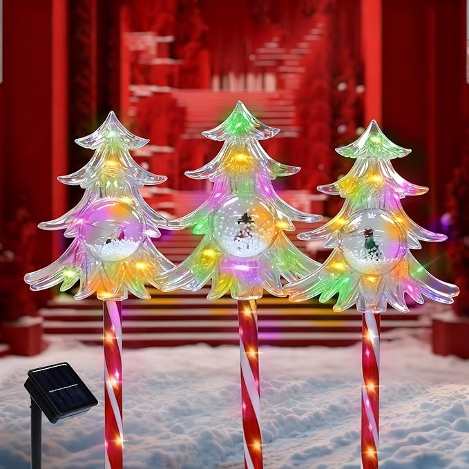 Solar Christmas Pathway Lights Outdoor Decorations, 8 Modes Multicolored Tree Candy Lights, Waterproof Solar Christmas Stake Lights for Yard Walkway Lawn Porch Holiday Decor（3PC）
