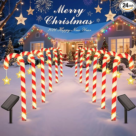 Solar Christmas Lights Outdoor Waterproof: 24-Pack Solar Candy Cane Christmas Decorations Outdoor Pathway Lights with Stakes 10 Modes, 144 LED Xmas Decorations for Yard Garden Holiday Decor