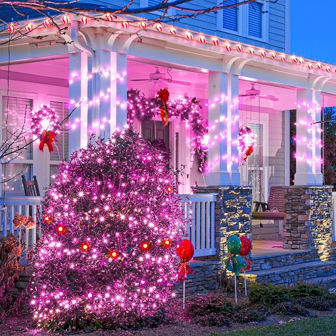 Christmas Lights Outdoor, 66FT 200 LED Christmas Tree Lights with 8 Modes Waterproof, Plug in Green Wire Connectable Twinkle String Light for Indoor Bedroom Patio Wedding Holiday Decor, Pink