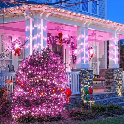 Pink Christmas Lights Outdoor, 100FT 300 LED Christmas Tree Lights with 8 Modes Waterproof, Plug in Connectable Christmas String Lights Green Wire for Indoor Patio Garden Xmas Love Party Decorations