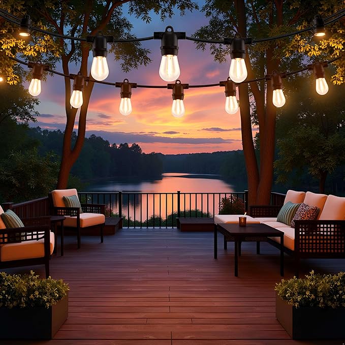 YULETIME 35 Feet 18 LED Solar Powered Patio String Lights, E26 Base with S14 Bulb Dimmable Weatherproof Backyard Light Bistro Lights (18 Lights - Solar Powered)
