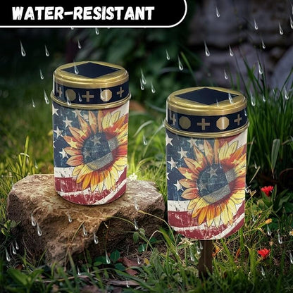 American Flag Cemetery Solar Lights for Grave Waterproof and Weather Resistant Solar Lights Outdoor Pathway Flameless Solar Powered Light for Prayer Grave Decor Candle Lamp