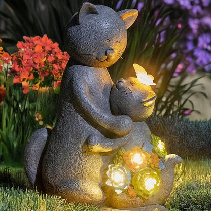 Solar Garden Statues Loving Cat Figurine Lights for Outside, Yard Decorations Outdoor, Garden Decor Unique Mothers Day Birthday Housewarming Gifts for Mom, Women, Lover