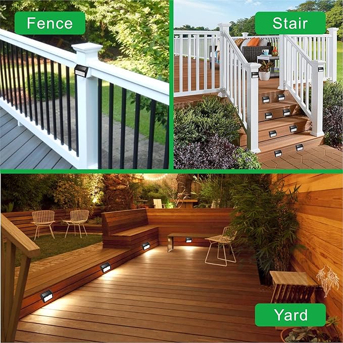 Solar Fence Lights Outdoor, Waterproof Deck Pathway Yard Lamp, Stainless Steel, 2 Pack, Black Metal case, White Light