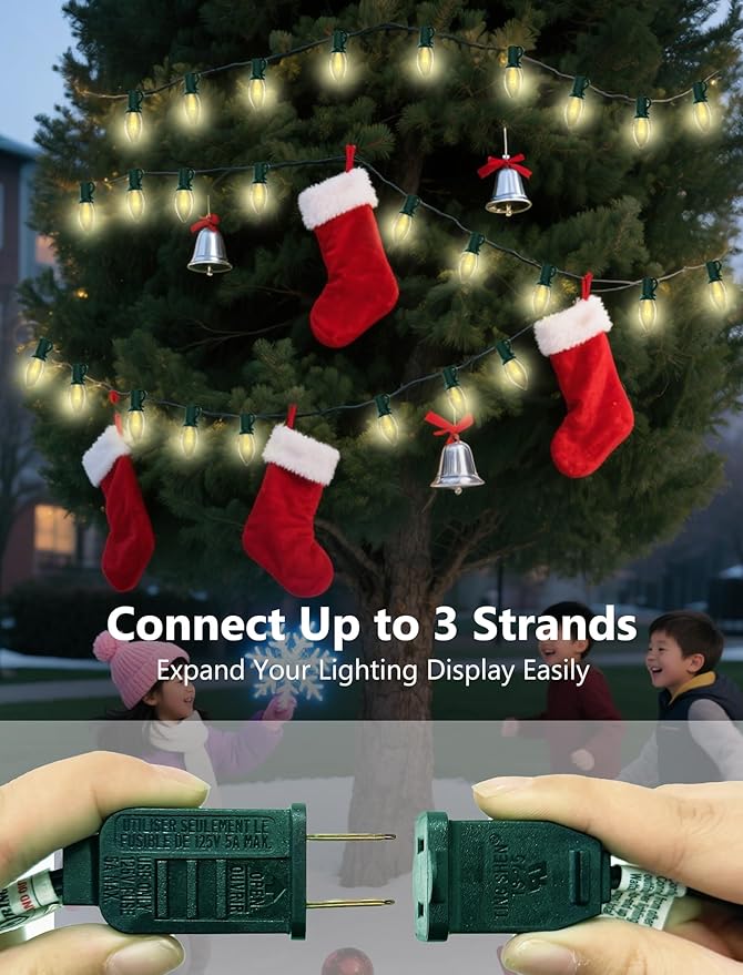 25Ft Clear Chritsmas Lights Outdoor, C7 Vintage String Lights with 27 Clear Incandescent Bulbs, Hanging Patio Lights for Porch Roofline Christmas Tree Garden Pathway Indoor Decor