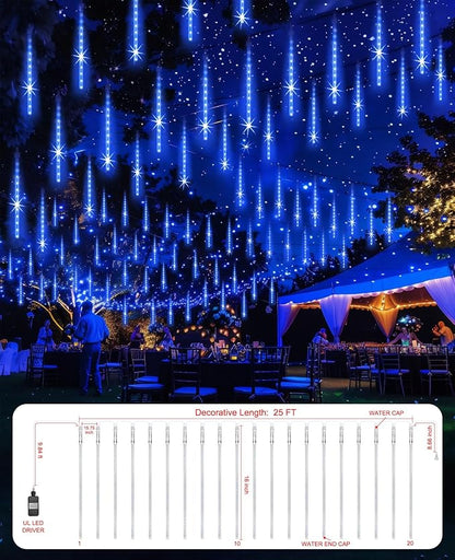 Christmas Lights Outdoor 16 Inch Meteor Shower Rain String Lighting, 20 Tube 960 LEDs Icicle Tree String Decor for Halloween Yard Party Patio Xmas Decoration,Blue