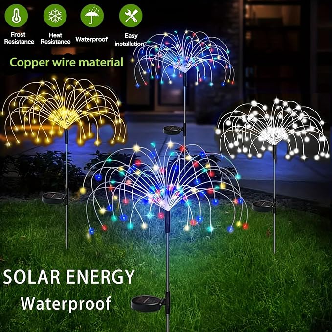 PINHEN Solar Firework Lights, 2 Pack Solar Garden Lights 200 LEDs 8 Lighting Modes Solar Lights Outdoor Waterproof for Garden Path Yard Patio Walkway Pathway Party Wedding Decorative (Colorful)
