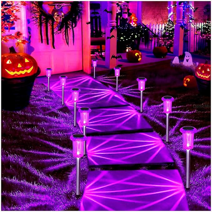 DenicMic Solar Lights Outdoor 10 Pack Waterproof Purple LED Stainless Steel Stake Outside Lights for Yard Pathway | Lumora