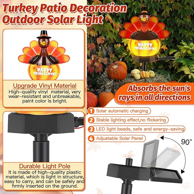 1 Pack Thanksgiving Turkey Pumpkin Solar Lights Outdoor Decoration Hand Painted Turkey Solar Stakes Lights for | Lumora