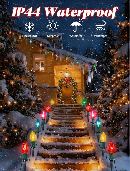 38FT C9 Christmas Stake Lights Outdoor,25 Pack Weatherproof Christmas Pathway Lights with C9 Multicolor Bulbs and Stakes for Garden Lawn Backyard Snowfield Xmas Decorations