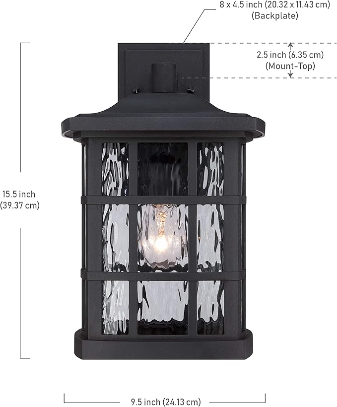 Quoizel Stonington Outdoor Wall Lantern, Coastal Armour 15.5 Inch 1-Light Mystic Black Vintage Wall Sconce, Clear Water Glass, 100W, Decorative Outside Lights for Patio, Porch, Garage or Yard