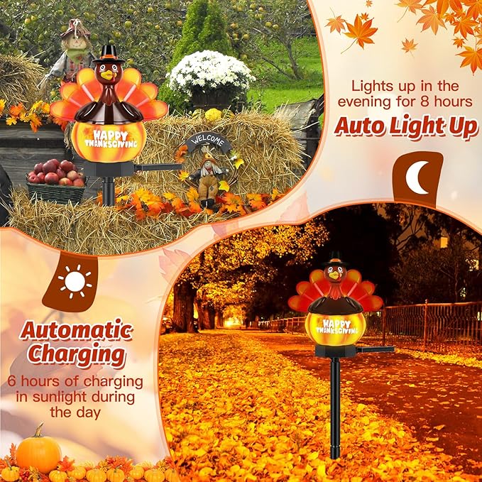 1 Pack Thanksgiving Turkey Pumpkin Solar Lights Outdoor Decoration Hand Painted Turkey Solar Stakes Lights for | Lumora