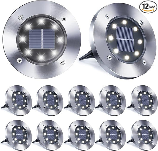 Toodour 12 Pack Solar Ground Lights Outdoor, 8 LED Waterproof Solar in-Ground Disk Lights for Garden Driveway Lawn Pathway Yard Pool Step, White