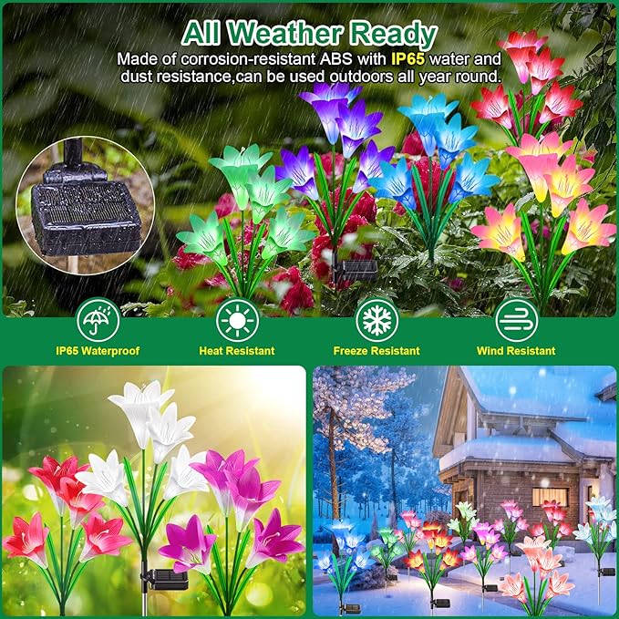 KuBace Solar Outdoor Lights Garden Decor, 6 Pack Upgraded Solar LED Flower Lights with 24 Bigger Lily Flower Lamp, 7 Color Changing Waterproof Solar Powered Flowers for Garden Yard Decor, Gift