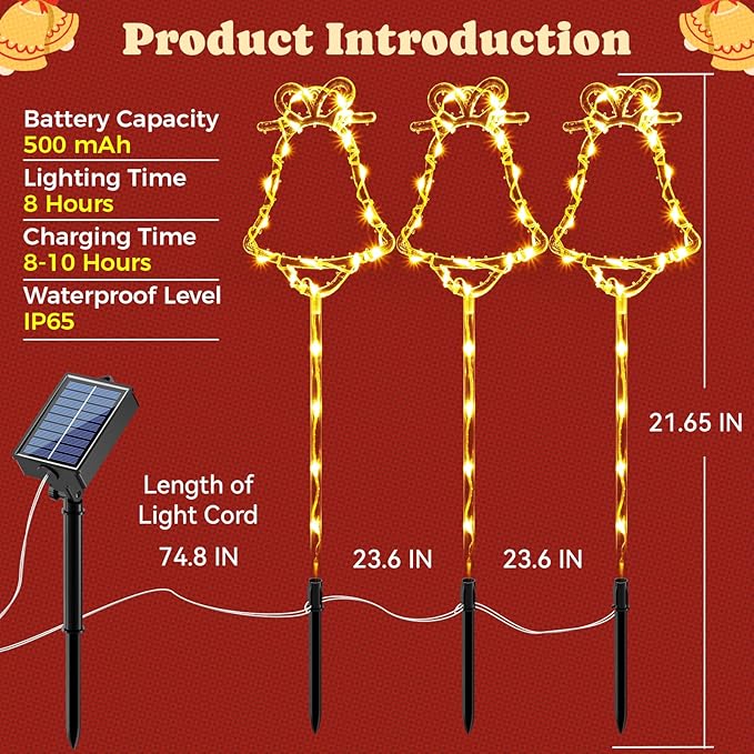 6 Packs Christmas Bell Solar Garden Lights with 8 Light Modes, 21.65 Inches Tall Christmas Outdoor Light with 20 LEDs Each, Solar Outdoor Xmas Decor for Garden, Path, Patio (Warm White)