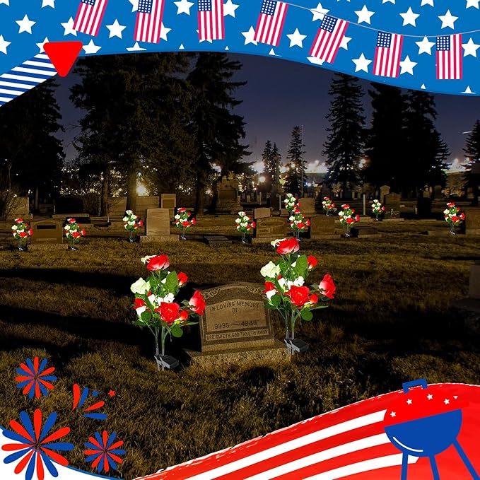 Woanger 4 Pcs Solar Flowers Cemetery Grave Decorations Outdoor LED Flower Lights with 6 Rose Powered Garden Stake Lights Waterproof for Independence Day 250 Anniversary USA Decorations(Red, White)