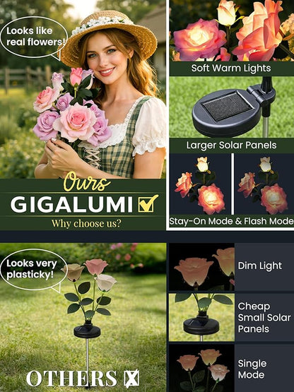 GIGALUMI Solar Lights Outdoor for Garden Decor, 4 Pack Solar Flower Lights Waterproof, 2 Lighting Modes 12 Rose Flowers for Pathway,Yard, Patio Decoration, Gardening Gifts for Women (Pink+Purple)